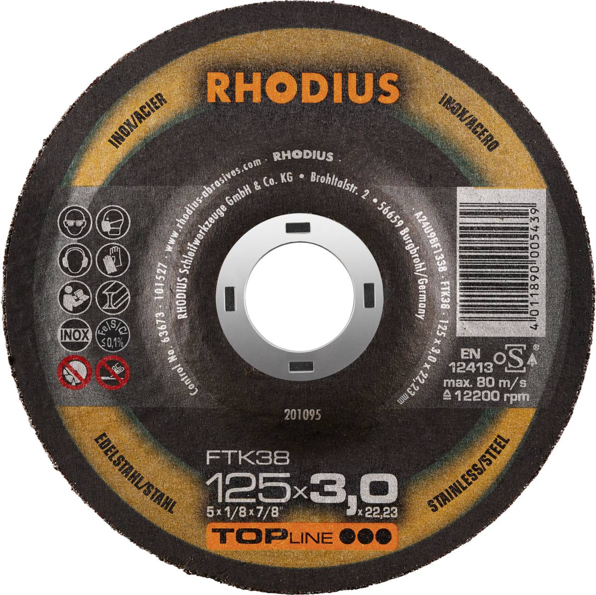 Disque à tronçonner, marque Rhodius, diamètre 125 mm, épaisseur 3,0 mm, adapté pour l'acier inoxydable, code produit FTK38, certifié EN 12413.