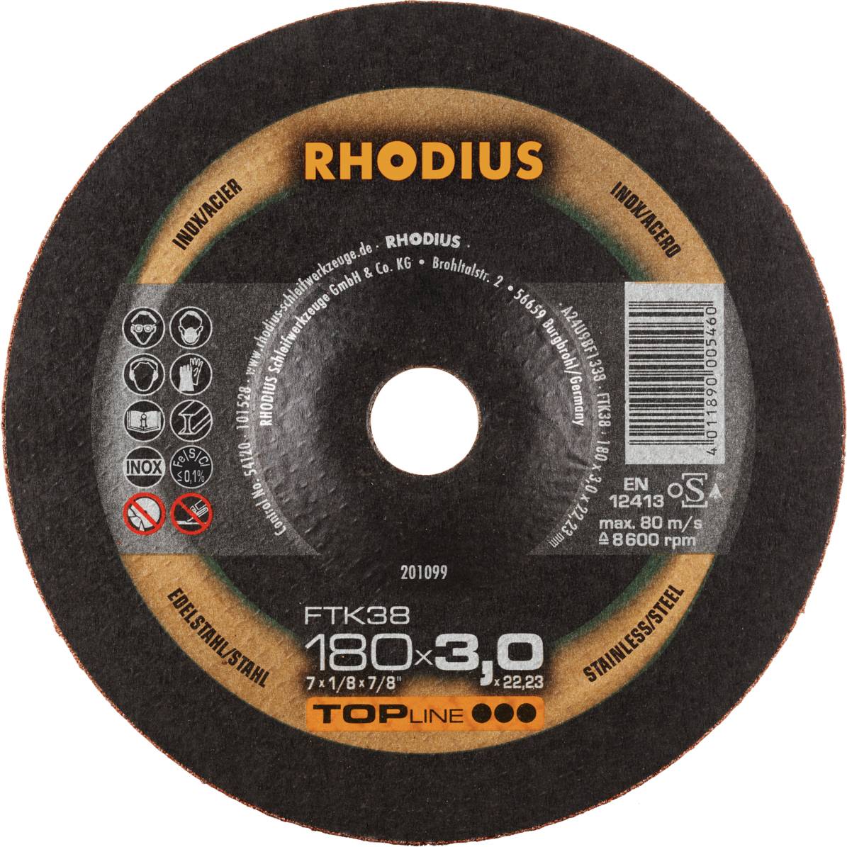 Disque à tronçonner portant l'inscription 'RHODIUS', diamètre 180 x 3,0 mm, adapté pour l'acier inoxydable. Contient des symboles d'avertissement de sécurité.