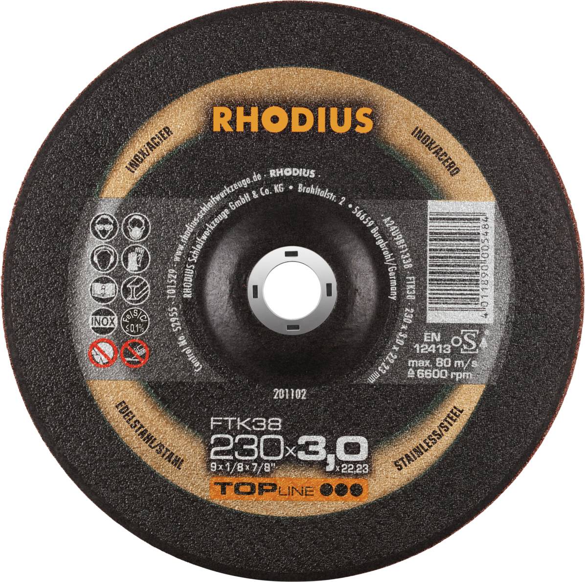 Disque à tronçonner de la marque Rhodius, modèle FTK38, diamètre 230 mm, épaisseur 3,0 mm, adapté pour l'acier inoxydable.