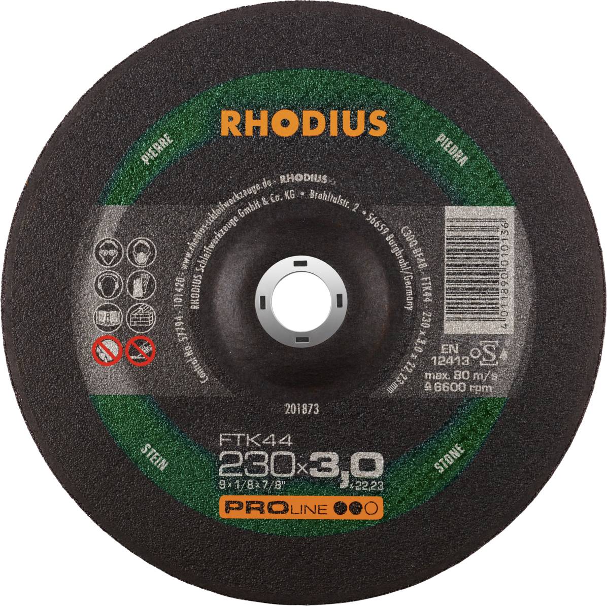 Disque à tronçonner Rhodius portant l'inscription 'FTK44 230x3,0'. Domaine d'utilisation : pierre. Contient des consignes de sécurité et des informations sur le produit.