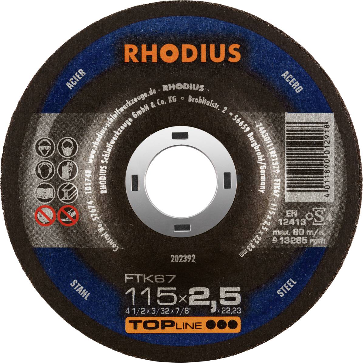 Disque à tronçonner 'RHODIUS', diamètre 115 mm, adapté pour l'acier et l'acier inoxydable. En 12413, vitesse max. 80 m/s.