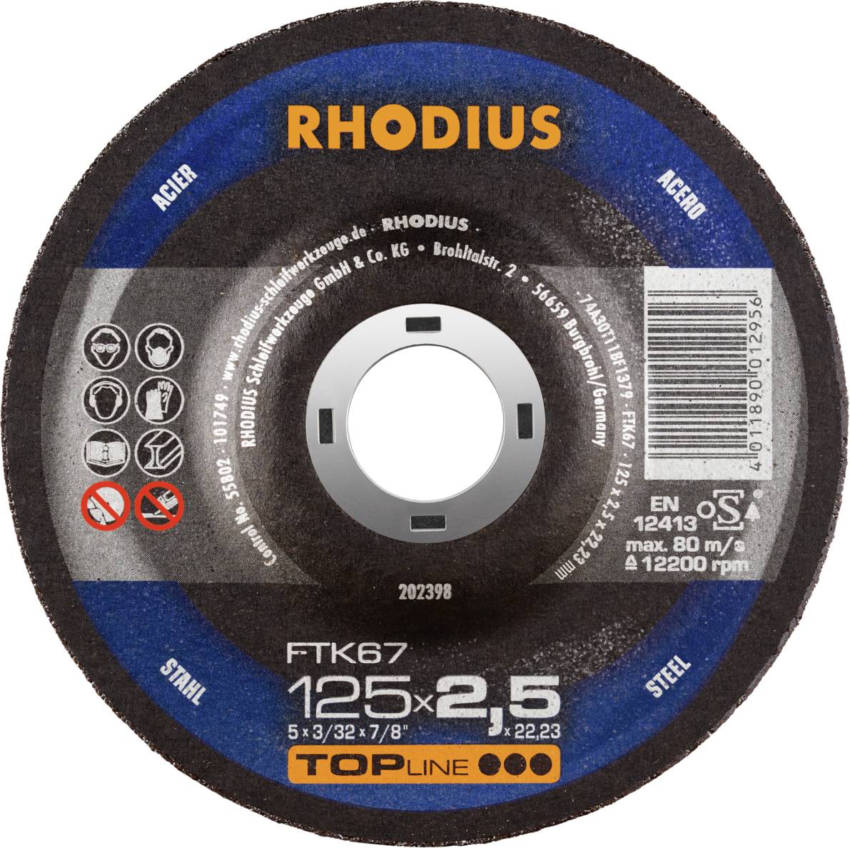 Disque à tronçonner 'RHODIUS', diamètre 125x2,5 mm, pour acier et acier inoxydable, affiche les informations de sécurité et d'utilisation sur la face avant.