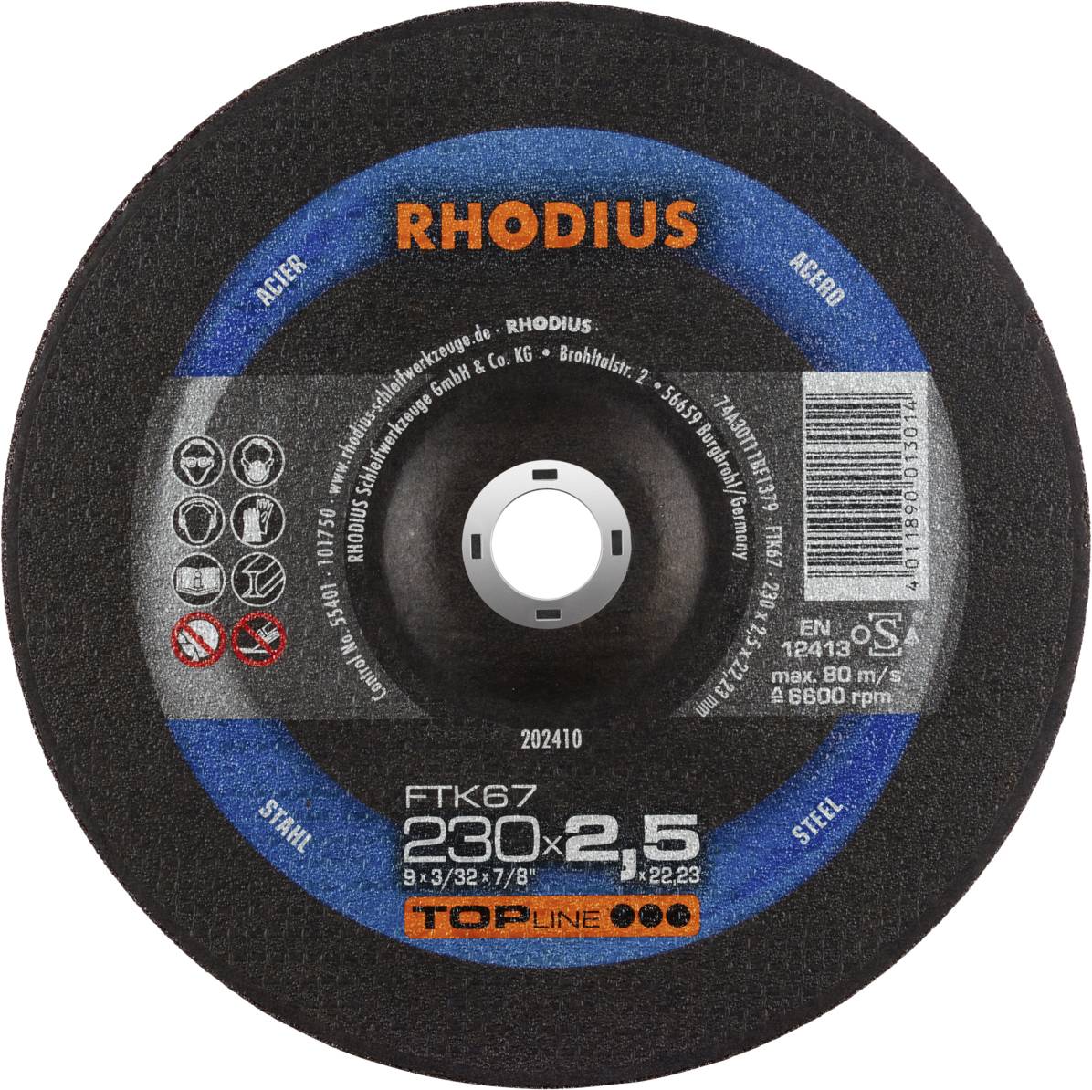 Disque à tronçonner Rhodius pour acier, diamètre 230 mm, épaisseur 2,5 mm, vitesse max. 80 m/s, 6 500 tr/min, qualité TopLine, Norme : EN 12413.