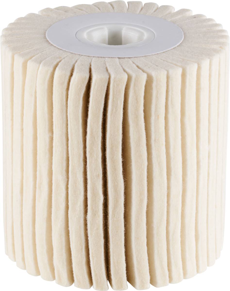 Un filtre de piscine beige clair avec un tissu plissé et un cadre en plastique blanc au centre, disposé verticalement.