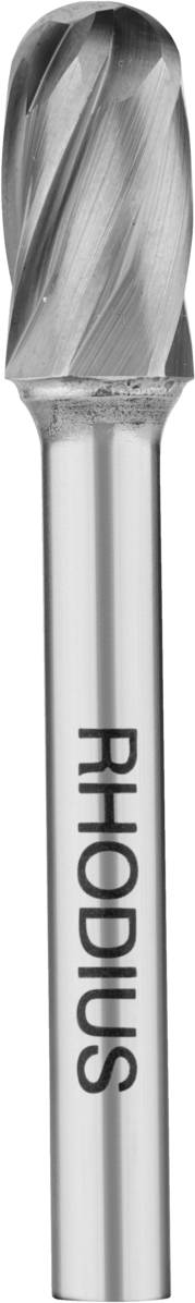 Fraise avec tête de coupe hélicoïdale et l'inscription 'RHODIUS' sur la tige, utilisée pour le meulage et le fraisage de matériaux.