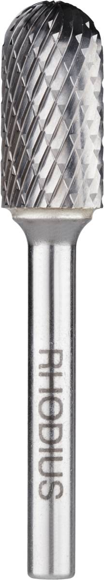 Fraise en argent à rainures et tête cylindrique, gravée 'RHODIUS'. Utilisée pour l'usinage précis des métaux.