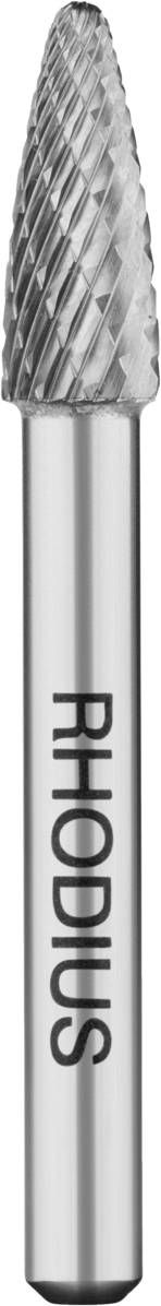 Fraise avec tige cylindrique, tête de coupe conique et pointue. Nom de marque 'RHODIUS' sur la tige.