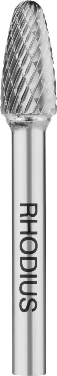 Fraise avec un corps cylindrique argenté et une pointe conique. 'RHODIUS' est imprimé sur la tige.