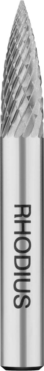 Fraise rotative à tête conique et dents de coupe tranchantes, utilisée pour l'usinage des métaux, portant la marque 'RHODIUS'.