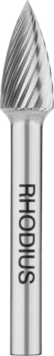 Une fraise en argent à pointe conique et arêtes de coupe hélicoïdales, marquée 'RHODIUS'.