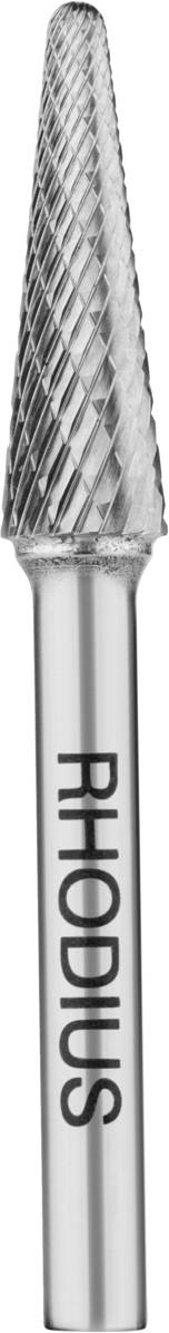 Fraise conique en argent avec le nom de marque 'RHODIUS' gravé. Adaptée pour l'usinage des métaux.