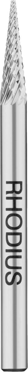 Une fraise métallique à tête conique et rainurage fin. Le nom de marque 'Rhodius' est imprimé verticalement en noir.