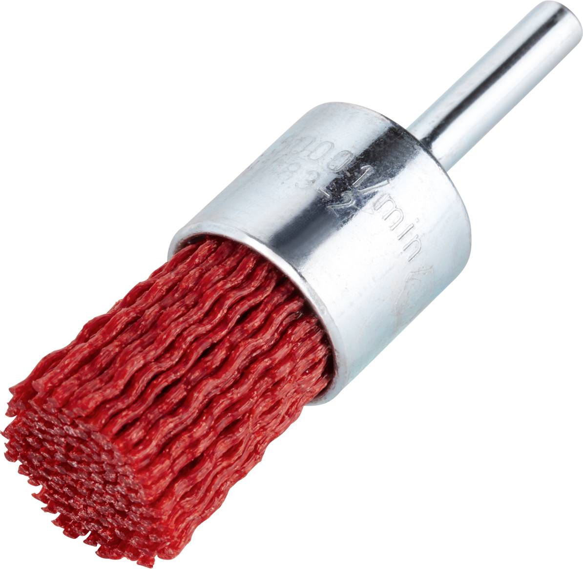 Un embout abrasif rouge avec des poils cylindriques et un manche en argent, utilisé pour des travaux de ponçage et de polissage fins.