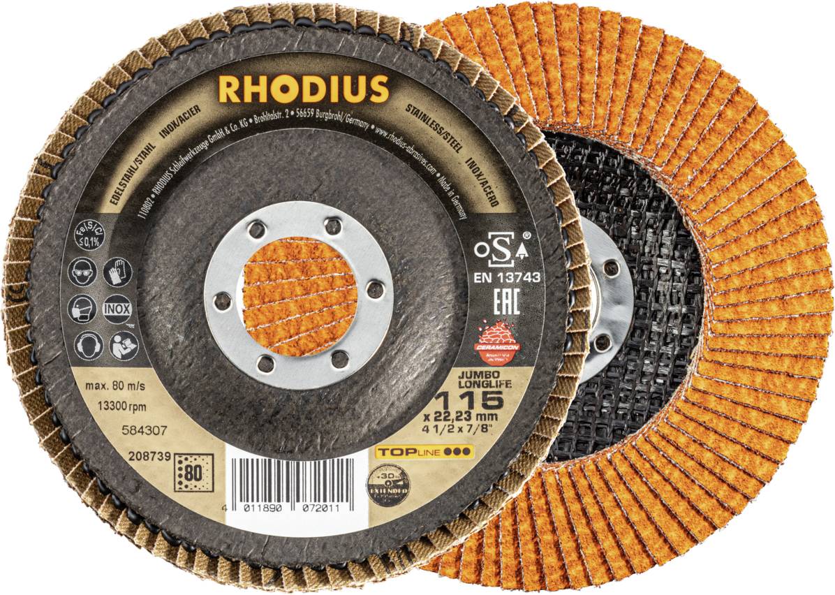 Deux disques de meulage orange de la marque Rhodius, l'un montrant l'étiquette avec les spécifications, l'autre la surface de meulage.