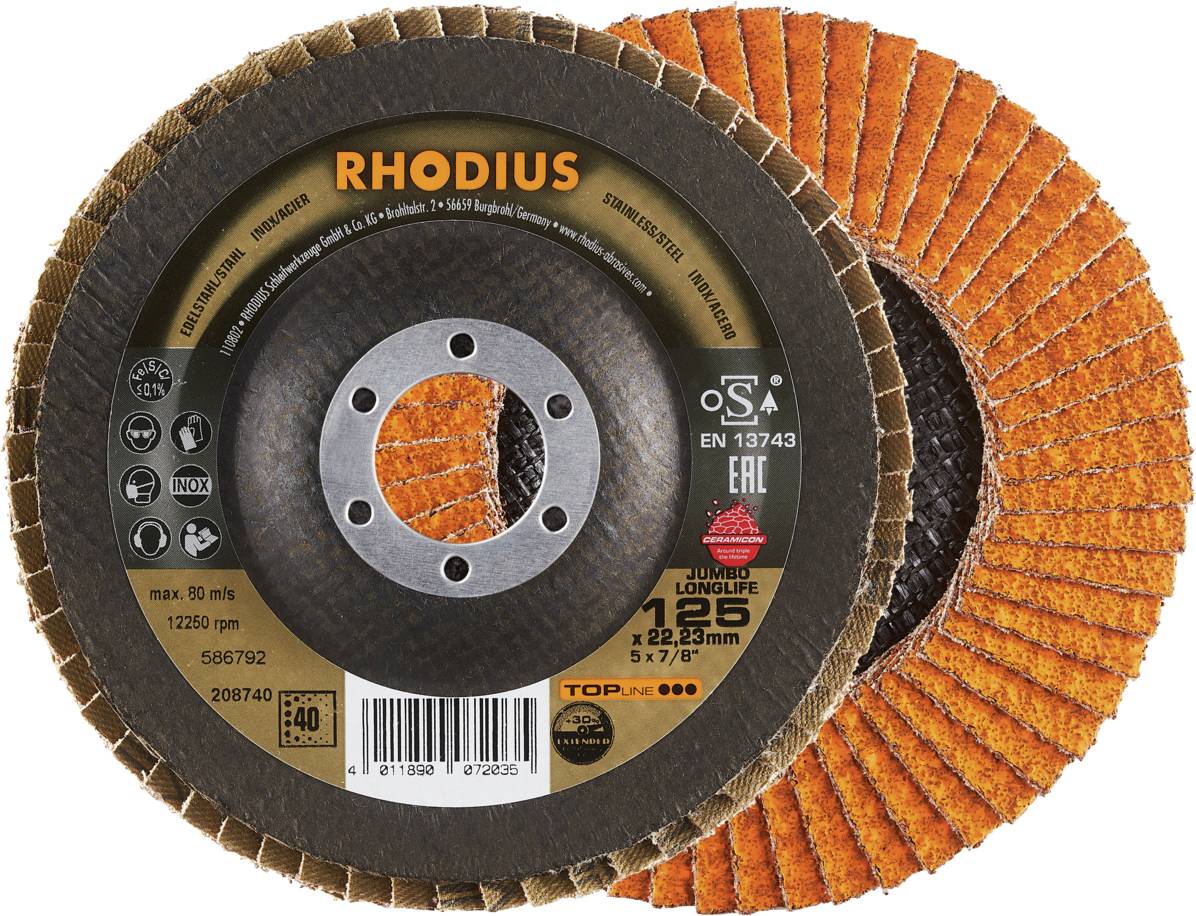 Deux meules abrasives portant l'inscription 'RHODIUS', diamètre 125 mm, adaptées à l'usinage des métaux, munies de signes de sécurité et de qualité.