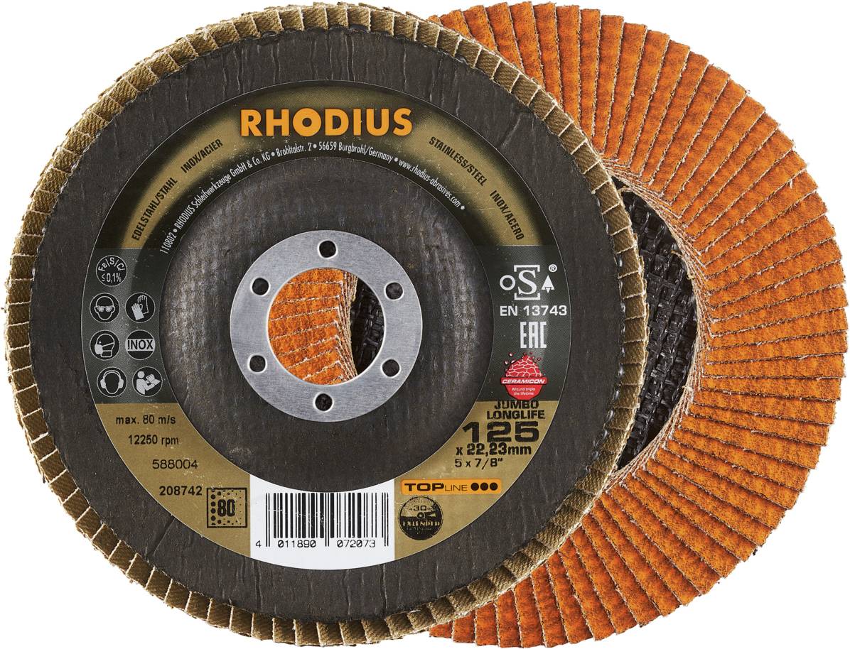 Deux disques abrasifs orange-bruns portant l'inscription 'RHODIUS' et des détails de produit. Ils possèdent un trou central pour la fixation.
