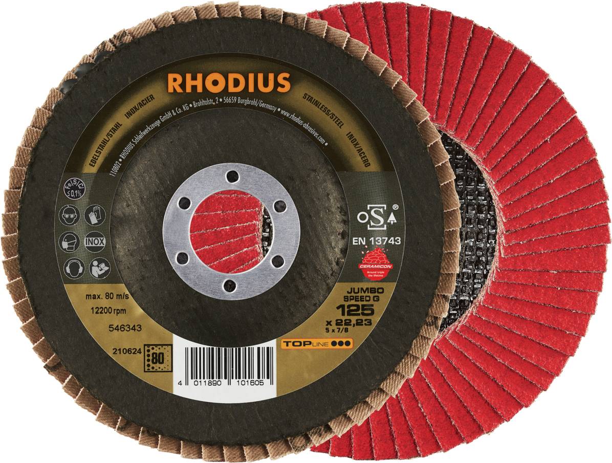 Disque abrasif avec étiquette orange 'RHODIUS', montrant les détails techniques : diamètre 125 mm, vitesse max. 80 m/s, 12200 tr/min.