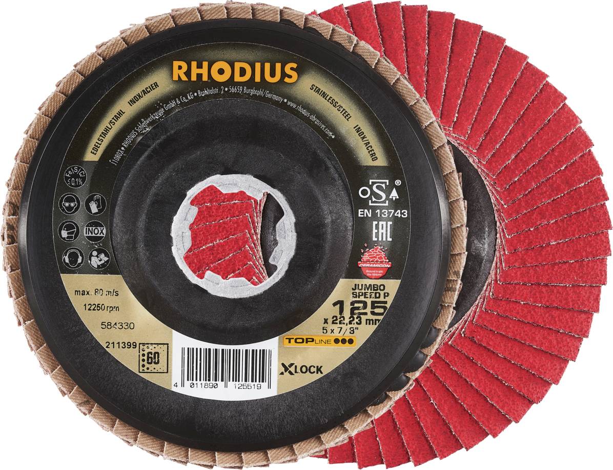 Disque abrasif 'Rhodius' à lamelles rouges, adapté pour l'usinage des métaux. Contient des spécifications techniques et des marquages de sécurité.