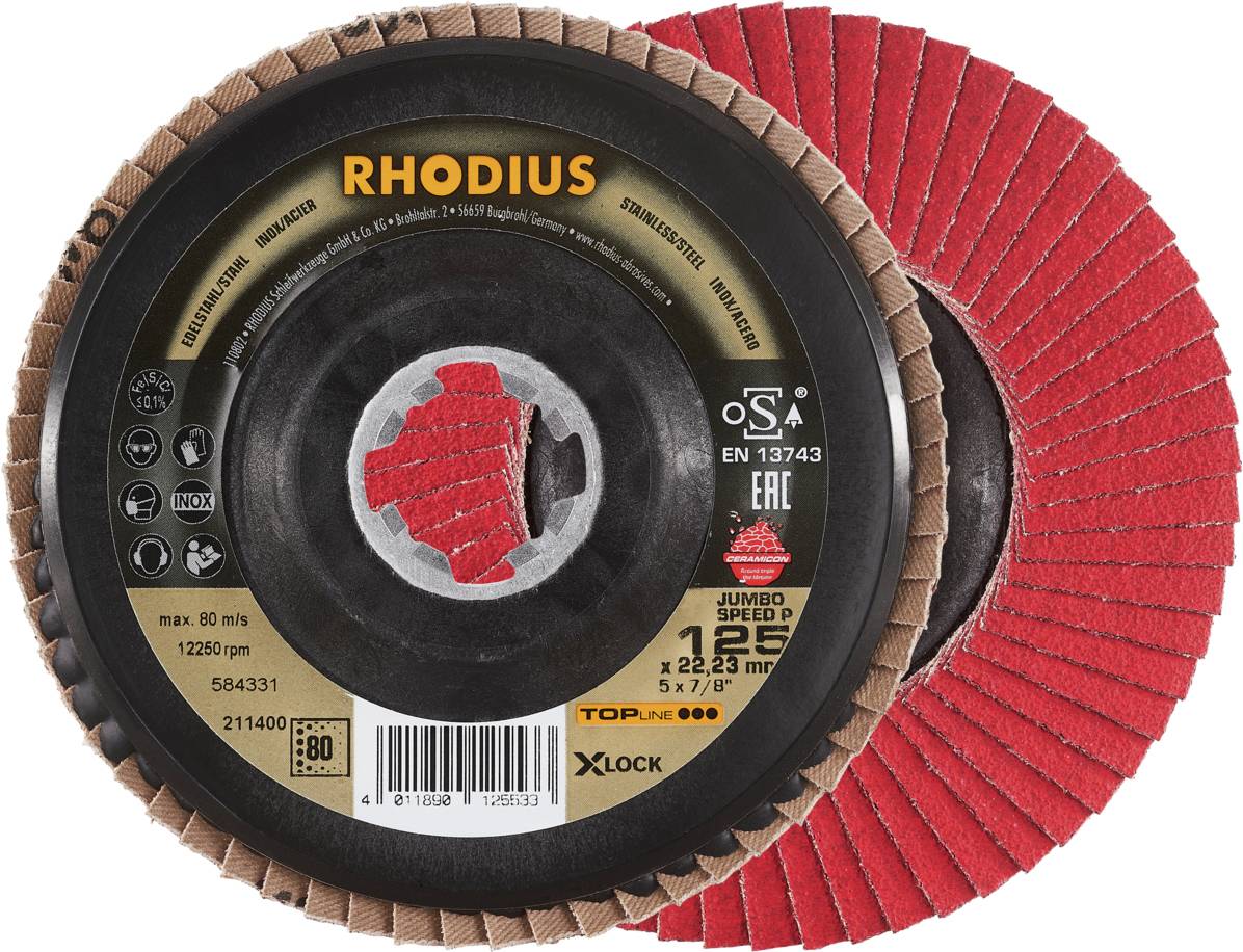 Disque abrasif RHODIUS : construction robuste, adapté à divers travaux de meulage. Détails : vitesse max. 80 m/s, 12250 tr/min, P60.
