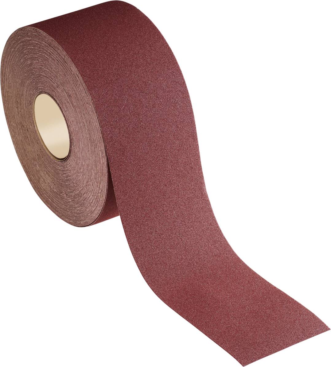 Un rouleau de papier de verre rouge avec une bande déroulée sur un fond blanc.