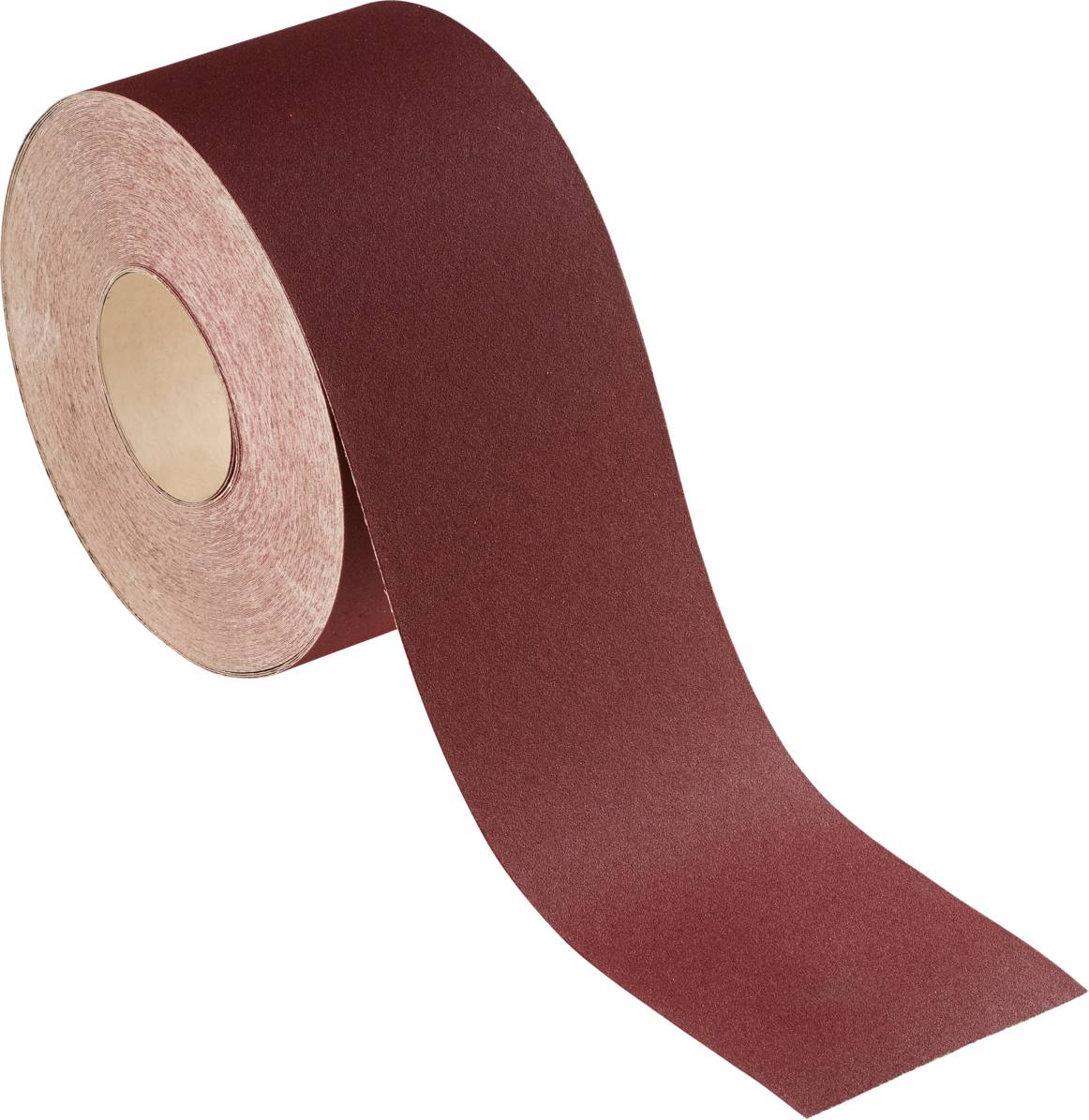 Un rouleau de papier de verre brun-roux à texture rugueuse, partiellement déroulé.
