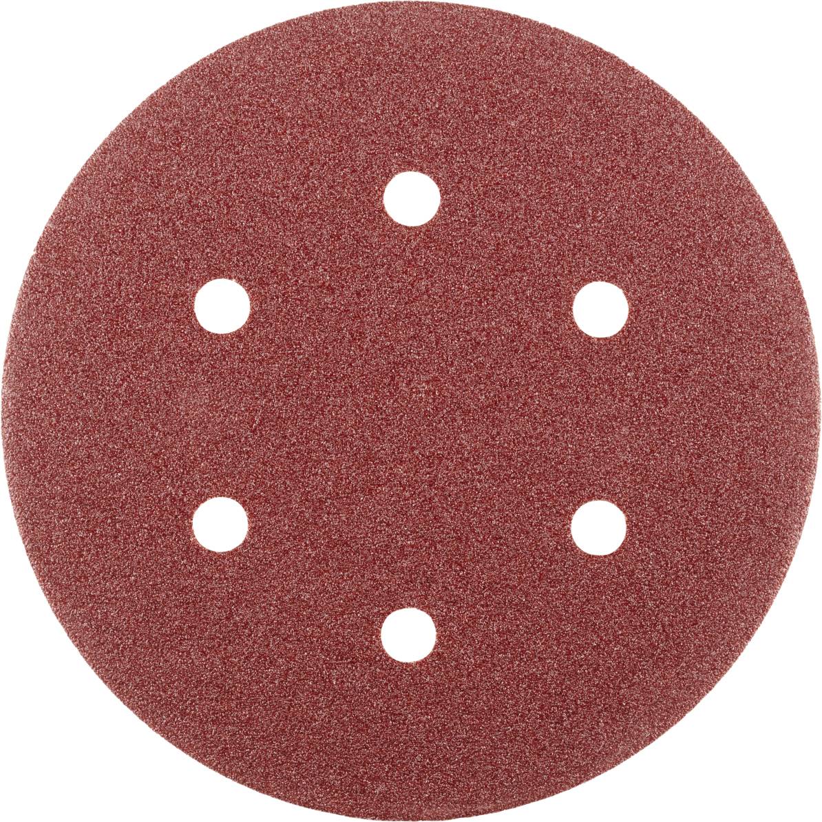 Disque de papier abrasif rouge, rond, percé de six trous uniformément répartis, utilisé pour les travaux de ponçage avec des outils électriques.