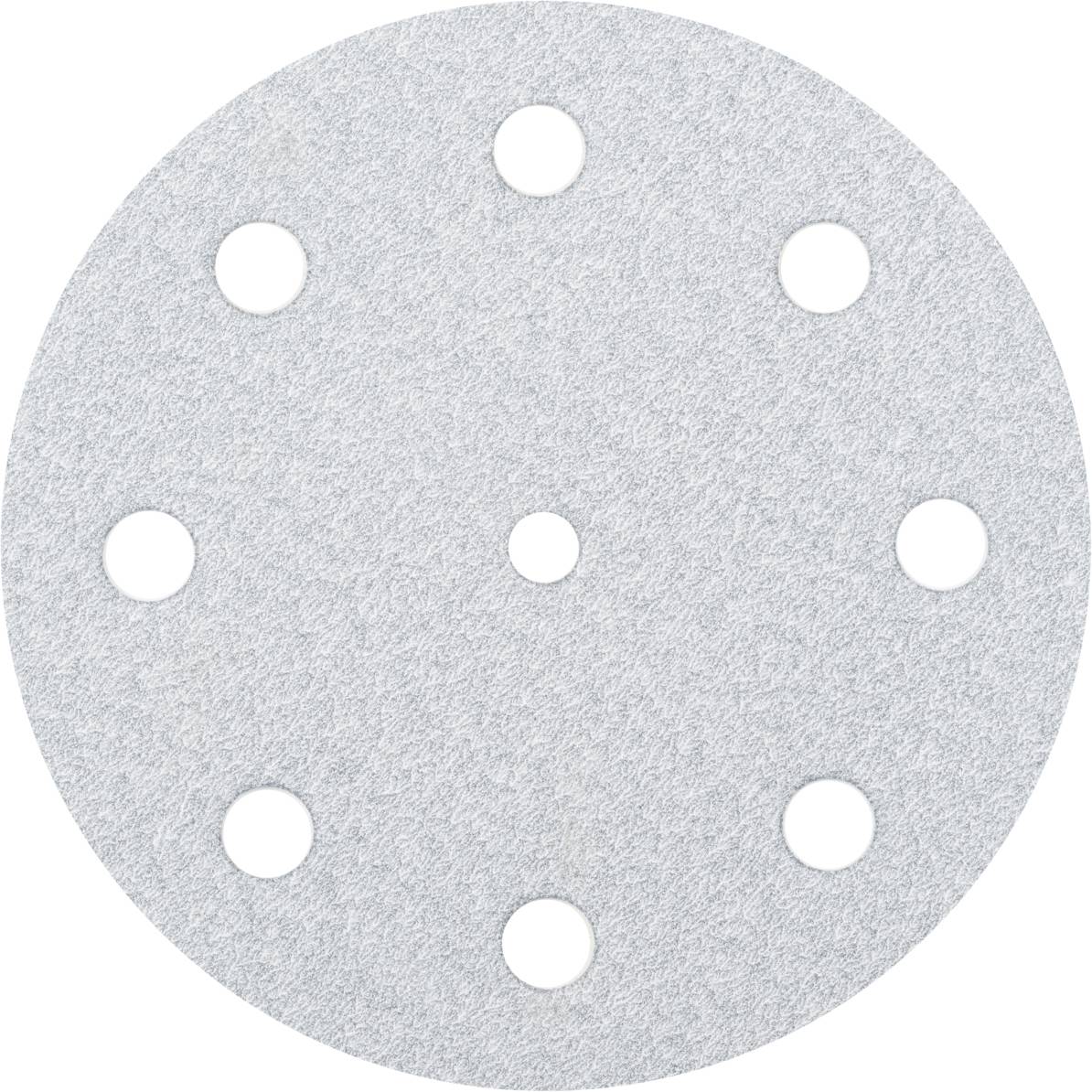 Un disque abrasif rond avec huit trous répartis uniformément. La surface de meulage est rugueuse et gris clair.