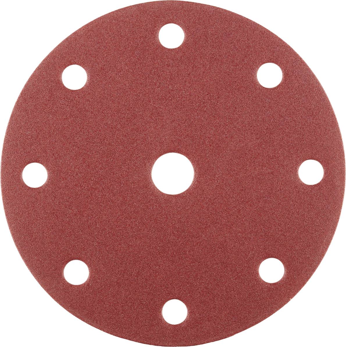 Papier de verre rond, rouge, avec sept trous symétriques. Principalement utilisé pour les ponceuses rotatives.