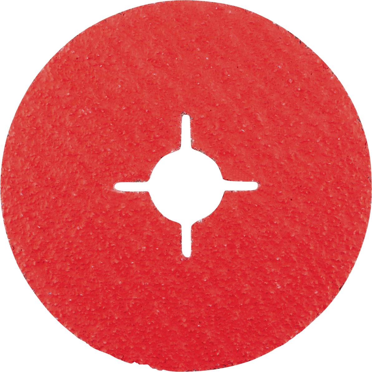 Disque abrasif rouge avec un trou central en forme de croix. Utilisé pour le meulage de matériaux.