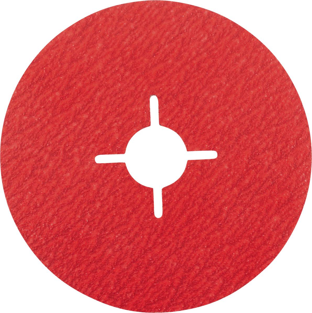 Un disque abrasif rouge, circulaire, avec un trou central et des fentes en croix pour la fixation sur des outils.