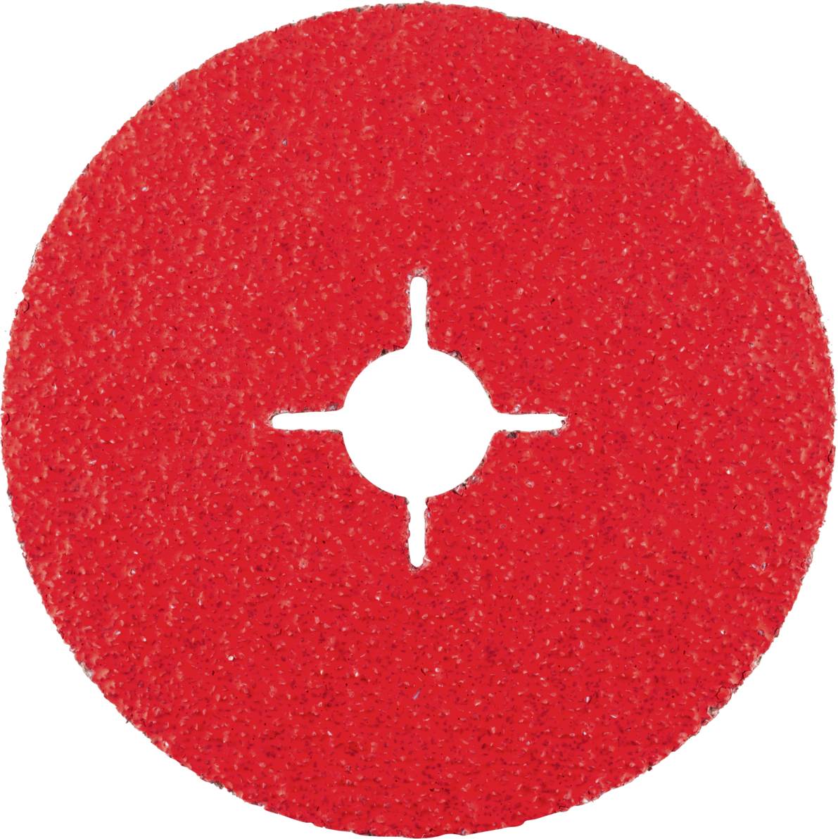 Disque abrasif rouge avec une fente cruciforme au centre, utilisé pour le traitement de surface.