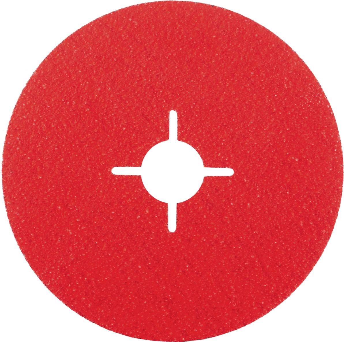 Disque abrasif rouge avec un trou central et quatre fentes étroites servant au contrôle de la poussière.