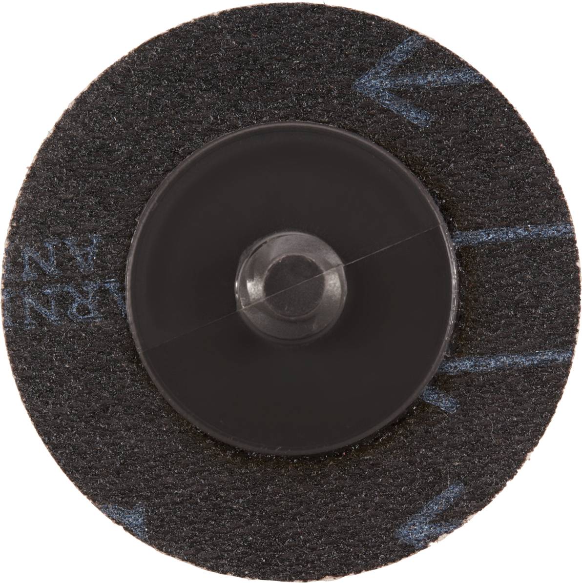 Disque abrasif vu de dessus, noir, rond, en matériau grossier, avec fixation centrale. Adapté pour le traitement de surface.