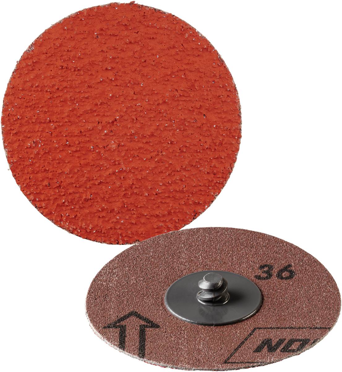 Deux meules abrasives : l'une présente la surface rugueuse et rouge, l'autre le verso avec une flèche et le chiffre '36', montées sur un disque.
