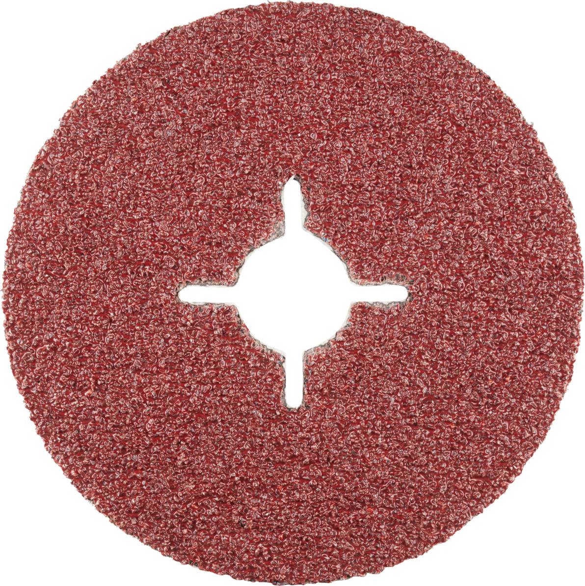 Papier de verre rond, rouge, avec une fente cruciforme centrale, adapté pour une utilisation dans des ponceuses mécaniques.