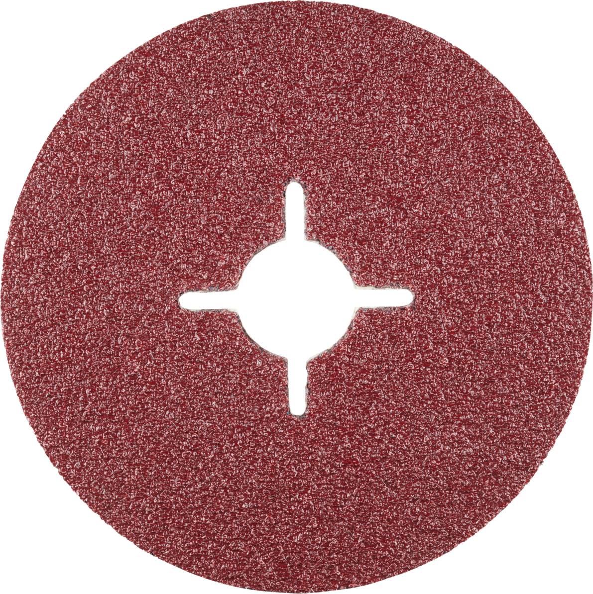 Une feuille de papier de verre rouge de forme ovale avec une découpe en croix au centre, sur un fond blanc.
