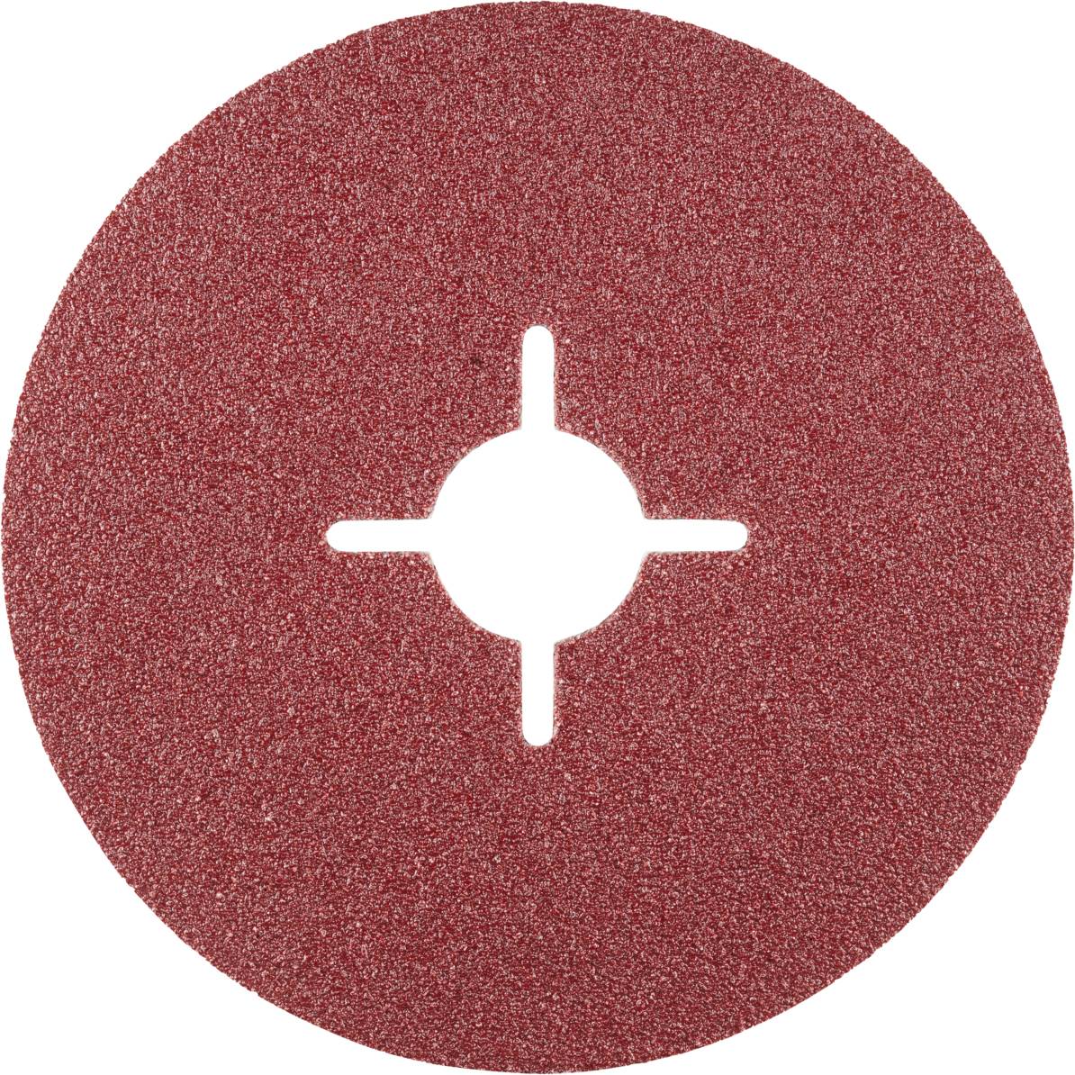 Un disque de ponçage rond en papier de verre rouge avec une fente en croix au centre, sur un fond blanc.
