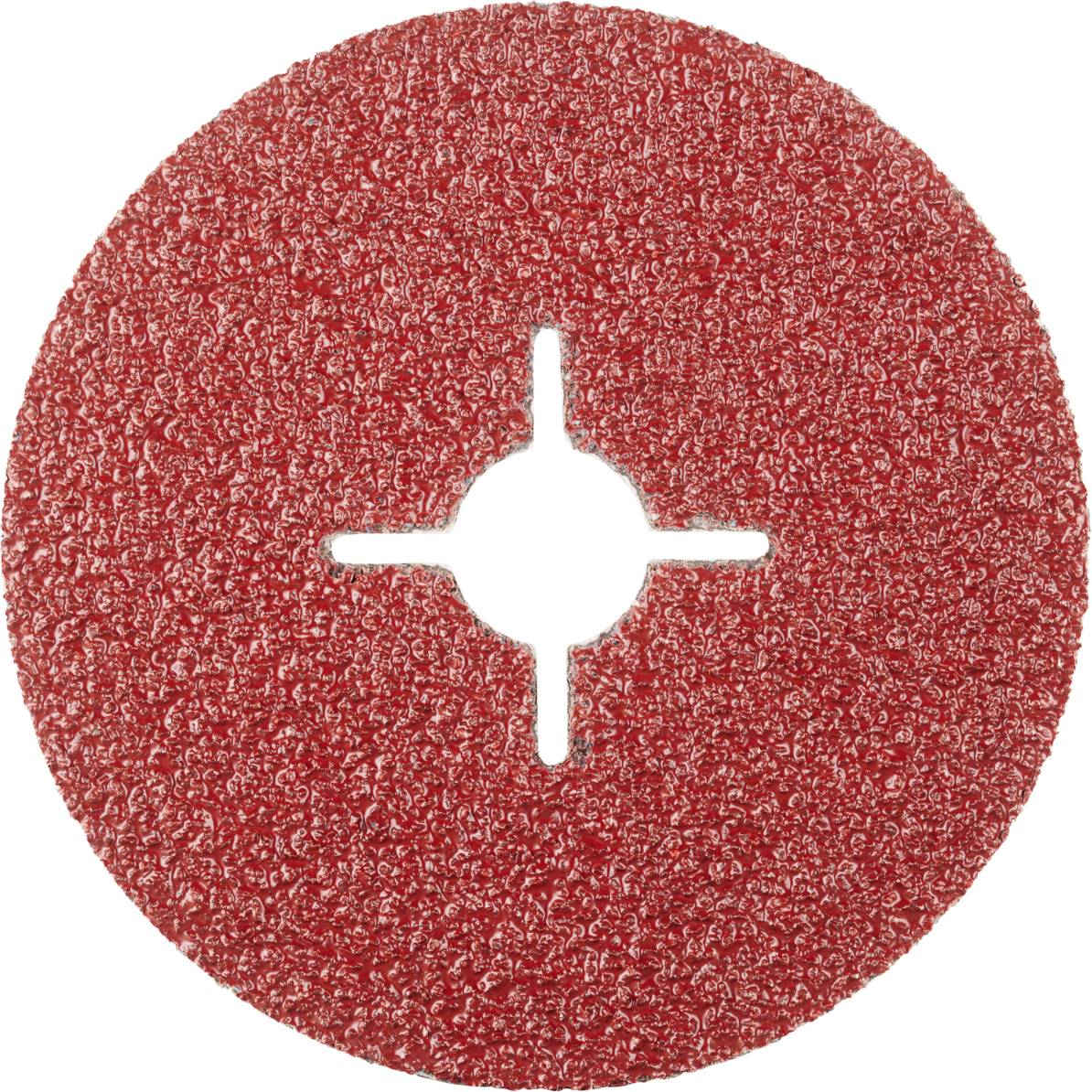 Disque abrasif rouge avec une fente cruciforme au centre, surface texturée, adapté pour lisser des matériaux tels que le métal ou le bois.