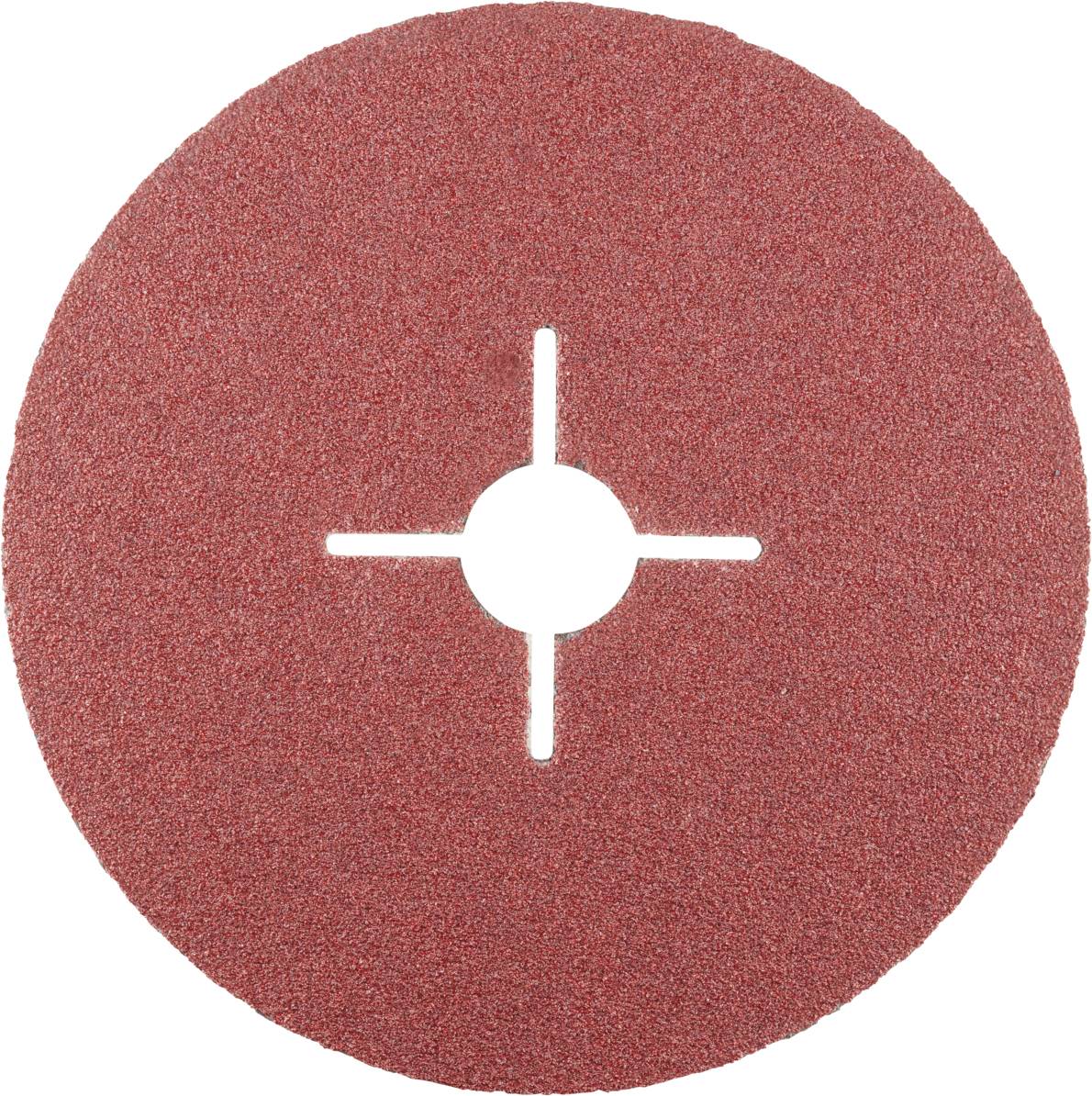 Un disque abrasif rond avec un grain rouge, un trou central et une fente en croix, adapté pour l'usinage des métaux.