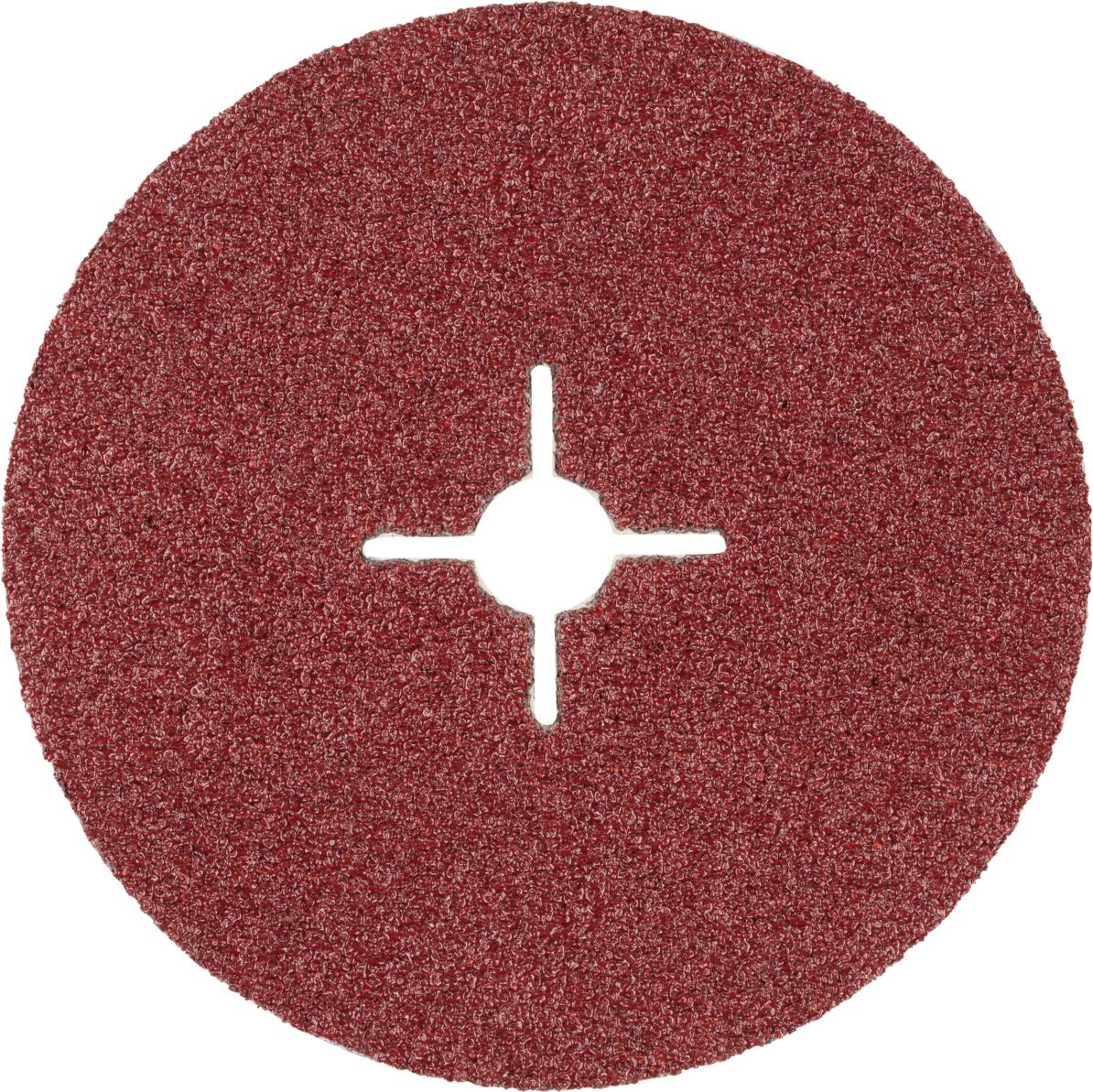 Disque de papier de verre rouge avec une ouverture cruciforme au centre, conçu pour être utilisé sur des machines de ponçage.
