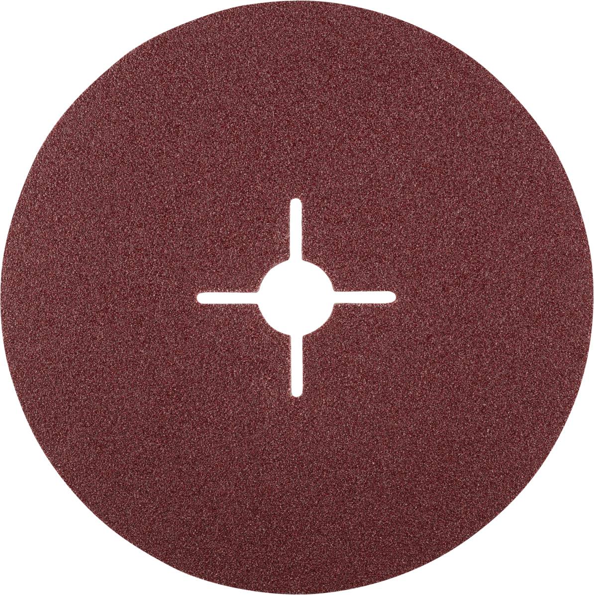 Disque abrasif brun-rouge avec un trou central en croix, adapté pour les travaux de ponçage sur différentes surfaces.