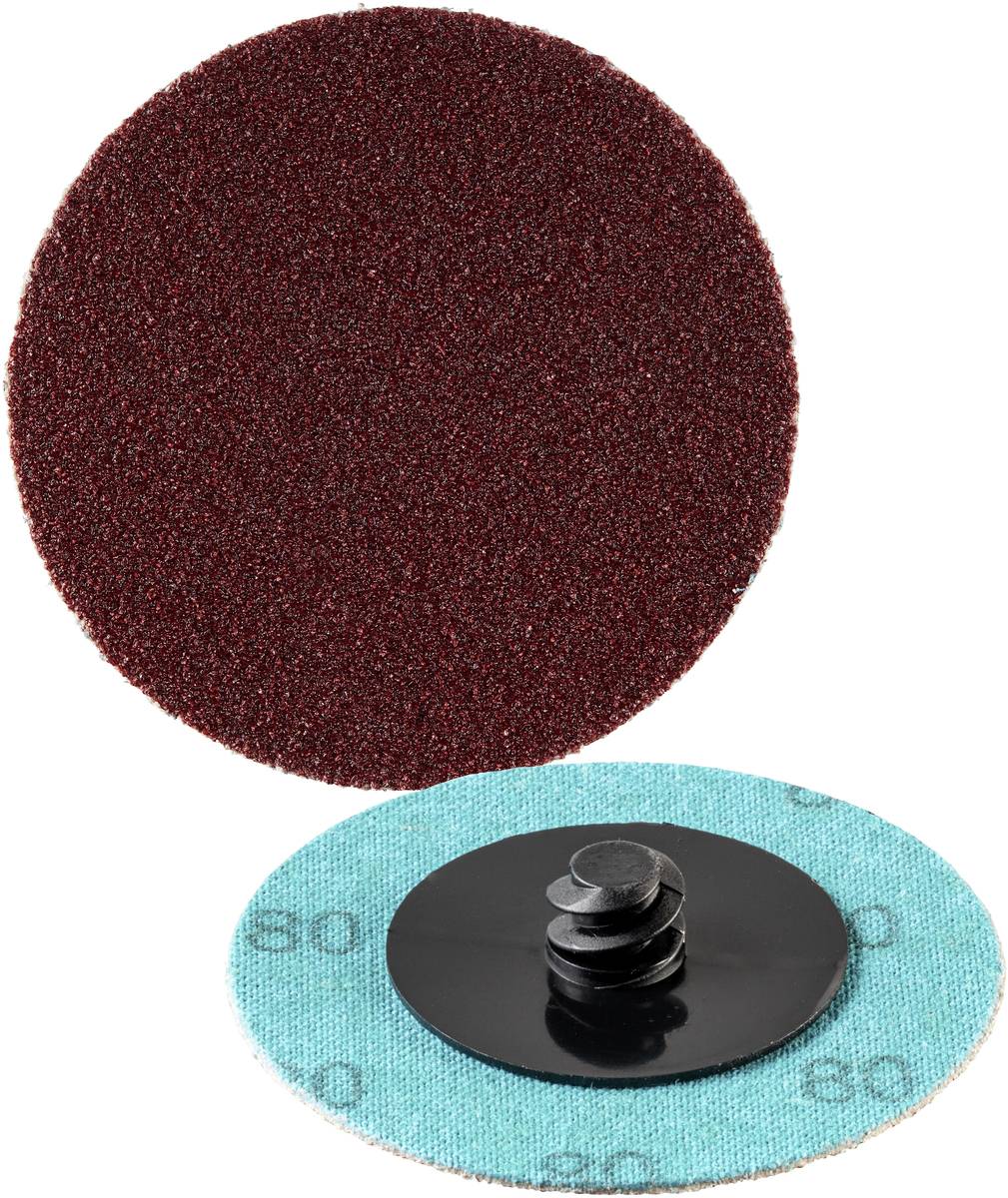 Deux meules : l'une avec une surface abrasive rouge-brun, l'autre avec un dos turquoise et une fixation noire.