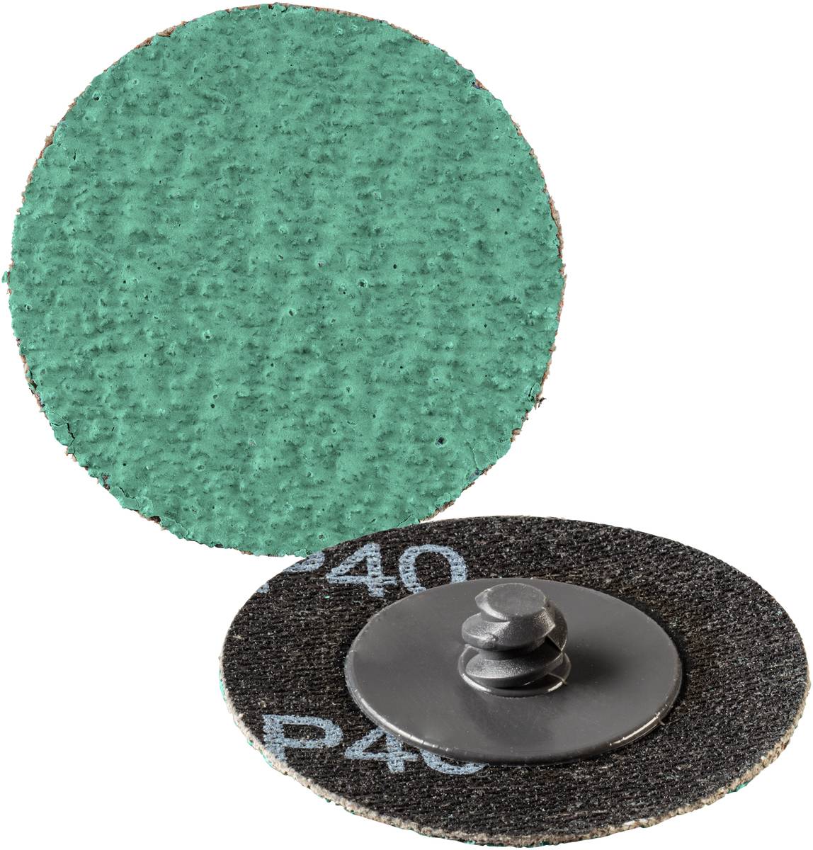 'Deux disques de meulage ronds, un avec une surface supérieure verte, l'autre visible par sa face arrière portant l'inscription P40 et un fermoir métallique.'