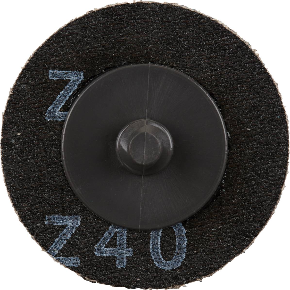 Disque abrasif rond à surface noire. Support central en plastique, inscription blanche 'Z' et '40' sur le disque.