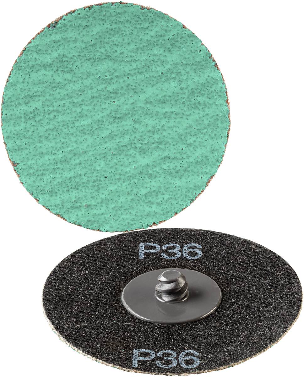 Deux meules abrasives de grain P36 ; l'une montrant la surface abrasive verte, l'autre le dos noir avec son système de fixation.