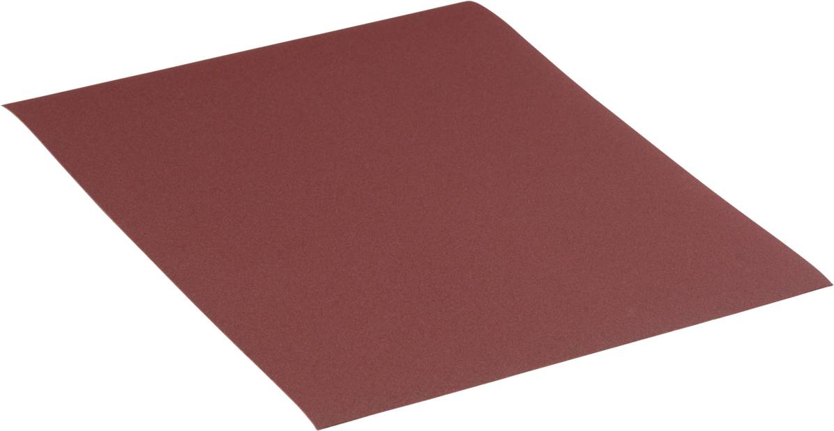 Un morceau unique de papier de verre de couleur rougeâtre, posé à plat sur une surface.
