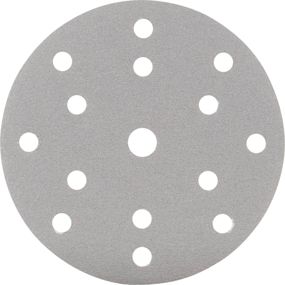 Disque de ponçage circulaire avec 15 trous sur une surface grise, utilisé pour les outils électriques de ponçage du bois.