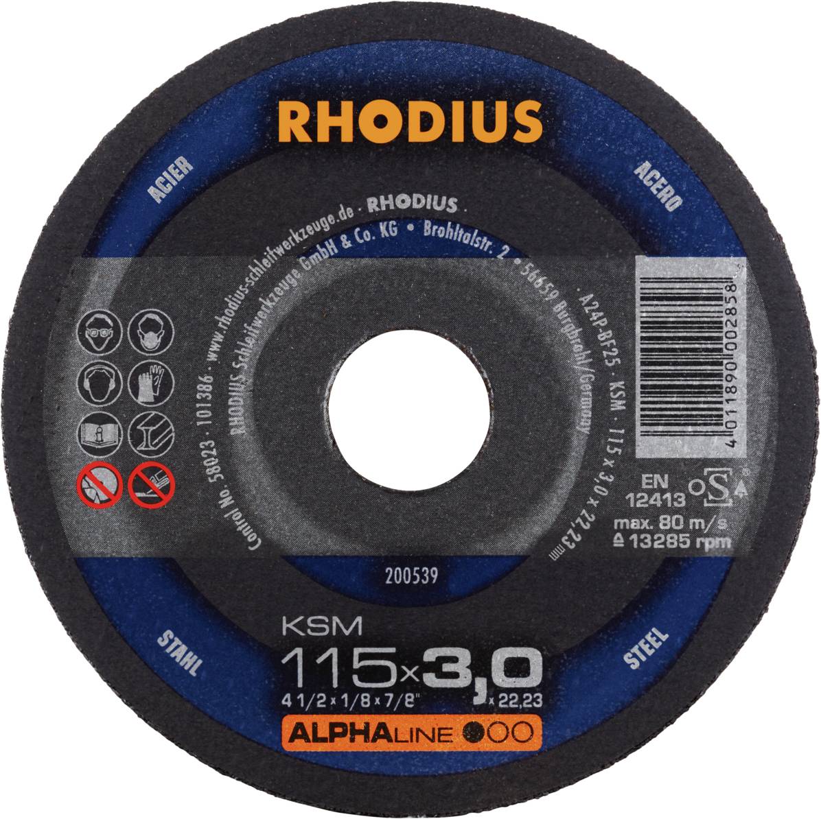 Meule pour acier, marque RHODIUS, modèle KSM 115 x 3,0, vitesse max. 80 m/s, norme EN 12413, diamètre 115 mm, épaisseur 3,0 mm.