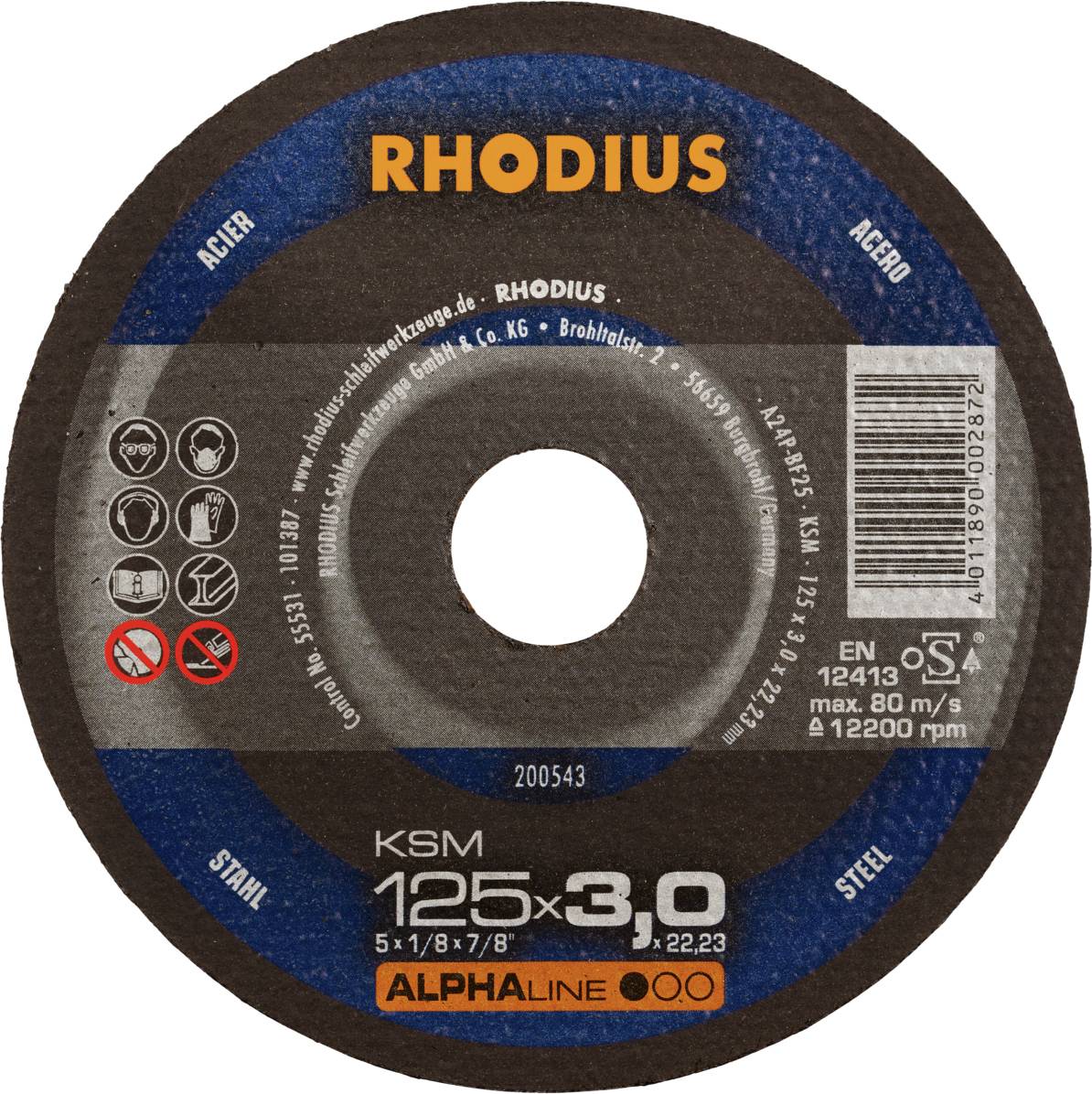 L'illustration présente un disque de coupe Rhodius, adapté à l'acier, avec un diamètre de 125 mm et une épaisseur de 3,0 mm.