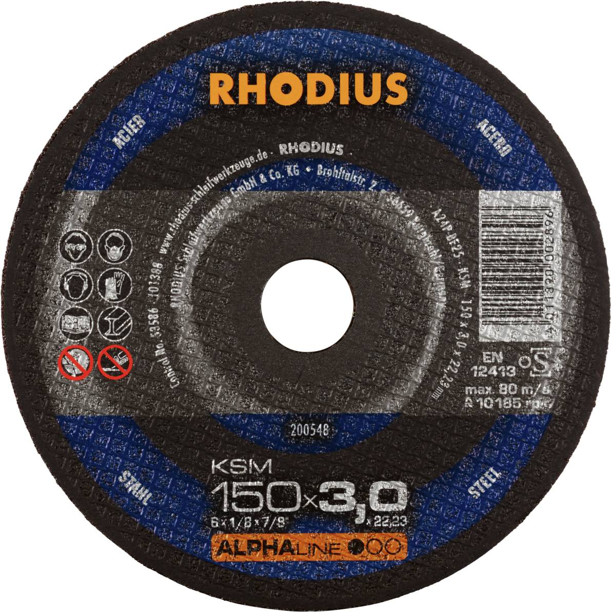 Disque à tronçonner Rhodius KSM 150 x 3,0 avec consignes de sécurité. Adapté pour l'acier jusqu'à max. 80 m/s et 10.125 tr/min.